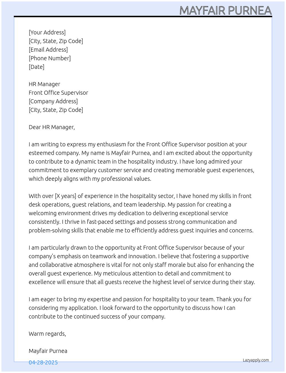 hospitality At front office supervisor Cover Letter