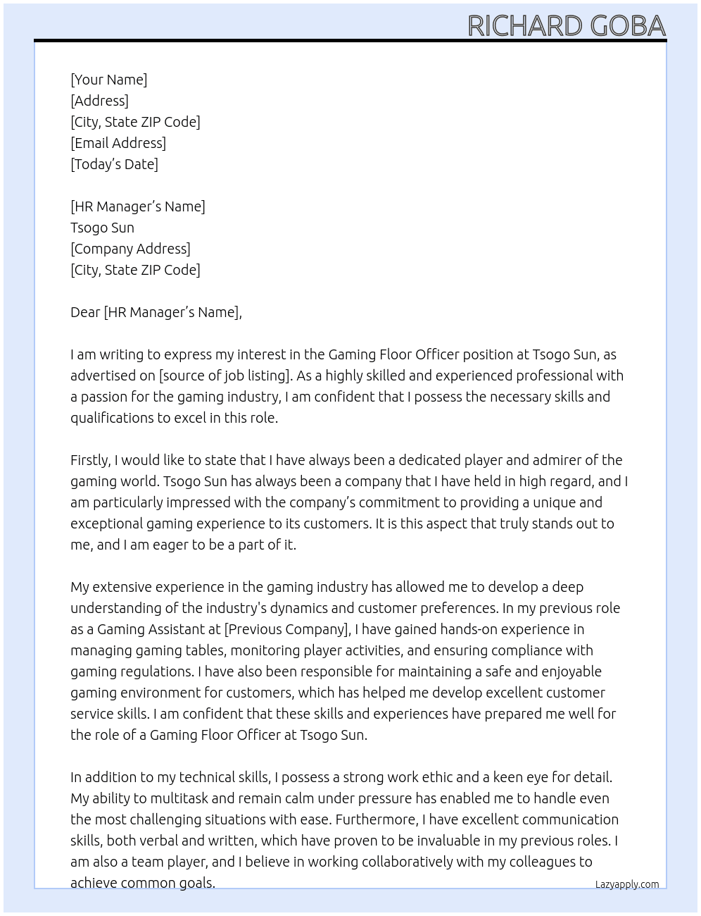 Gaming Floor Officer At Tsogo Sun Cover Letter
