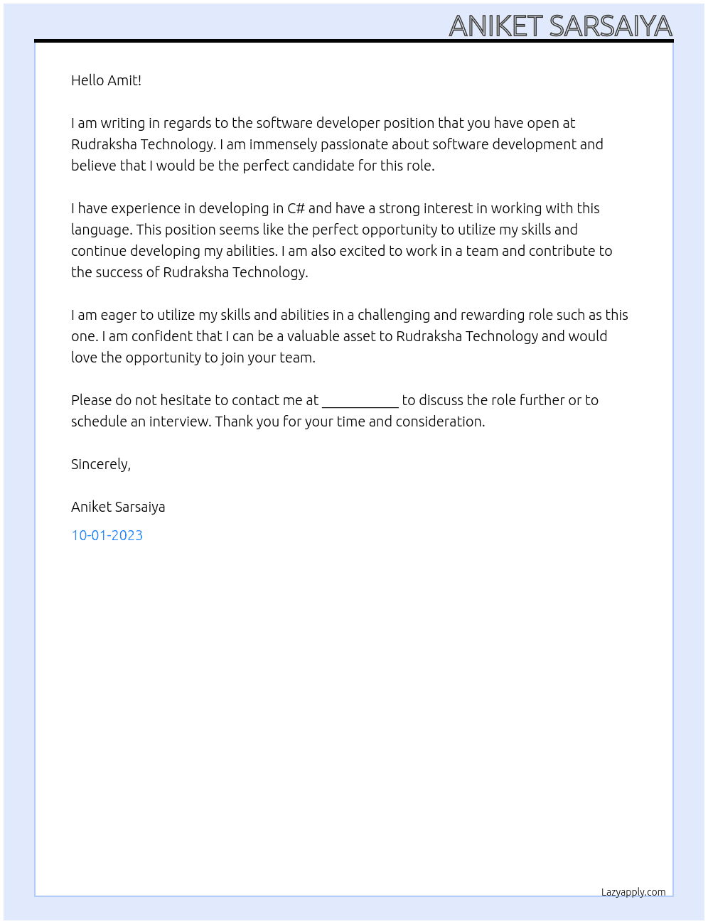 Software Developer At Rudraksha Technology Cover Letter