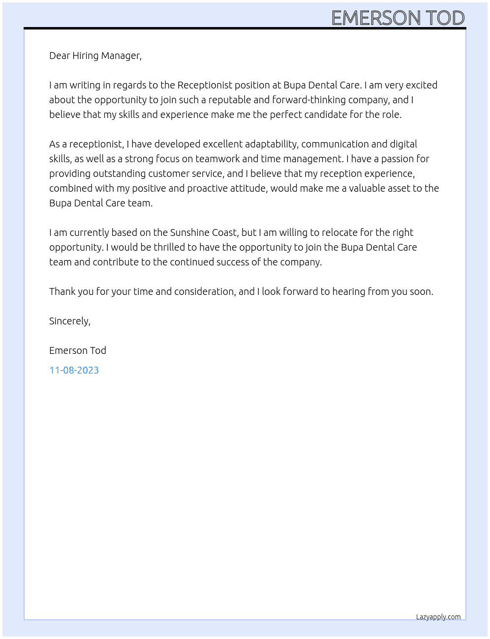 Receptionist  At Bupa Dental Care Cover Letter