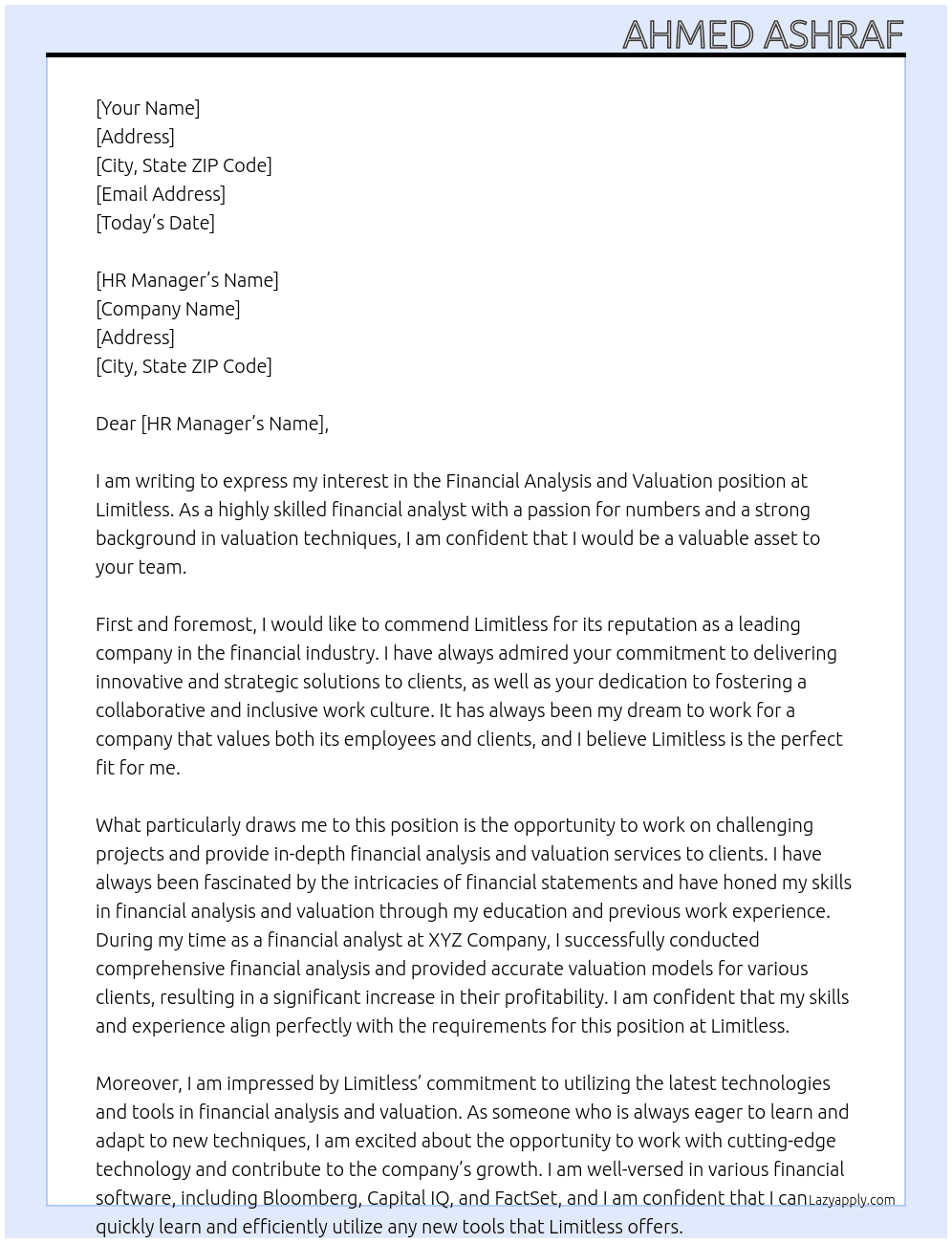 Financial analysis and valuation At limitless Cover Letter