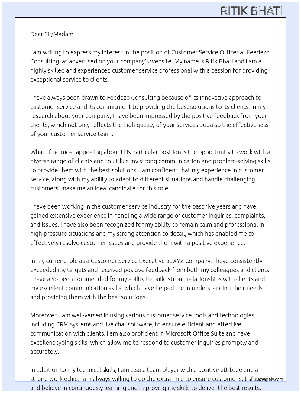 Customer service officer  At Feedezo consulting  Cover Letter