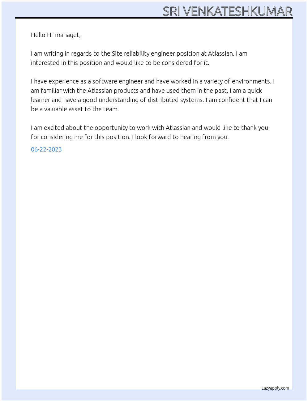 Site reliability engineer At Atlassian Cover Letter