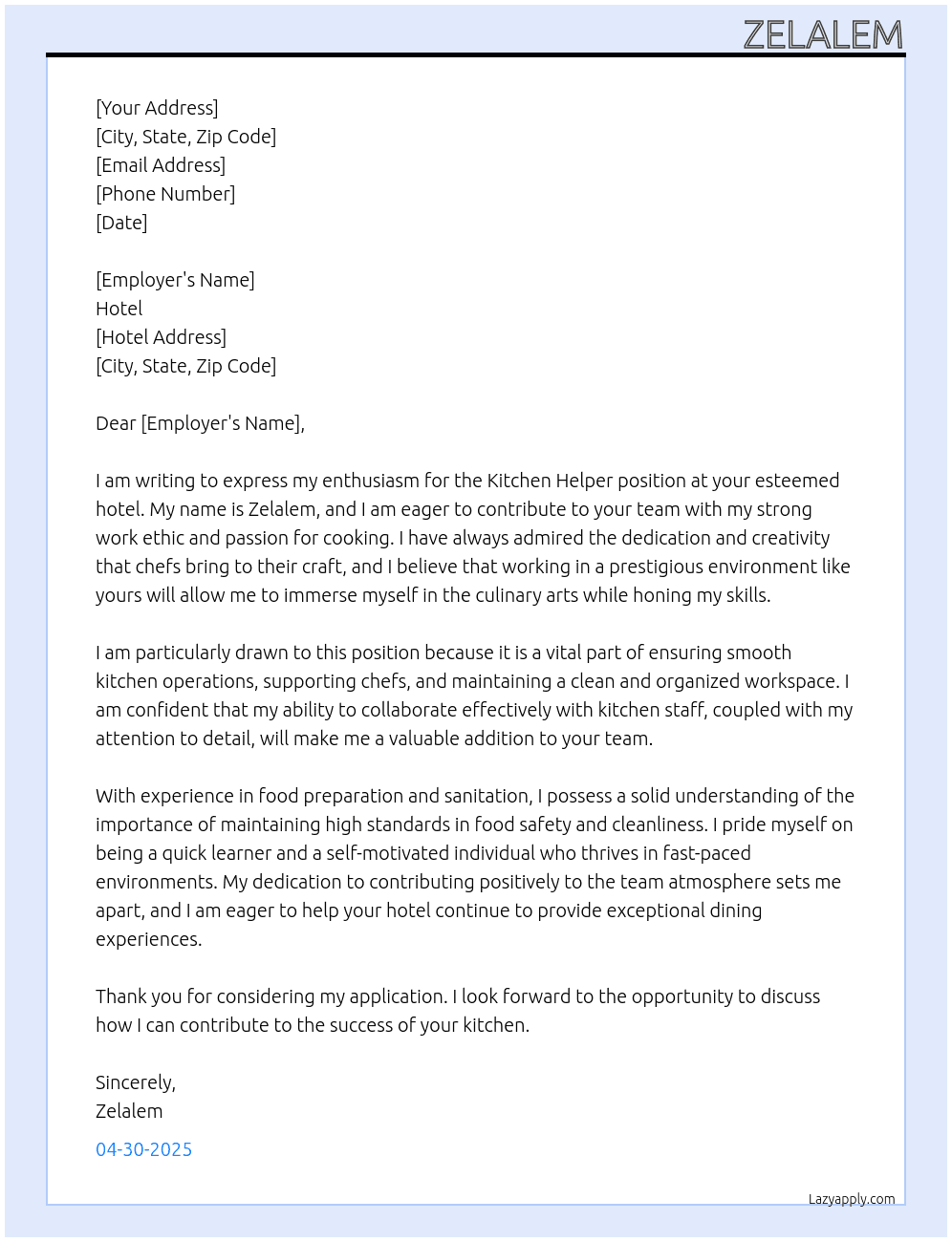 kitchen helper At hotel Cover Letter