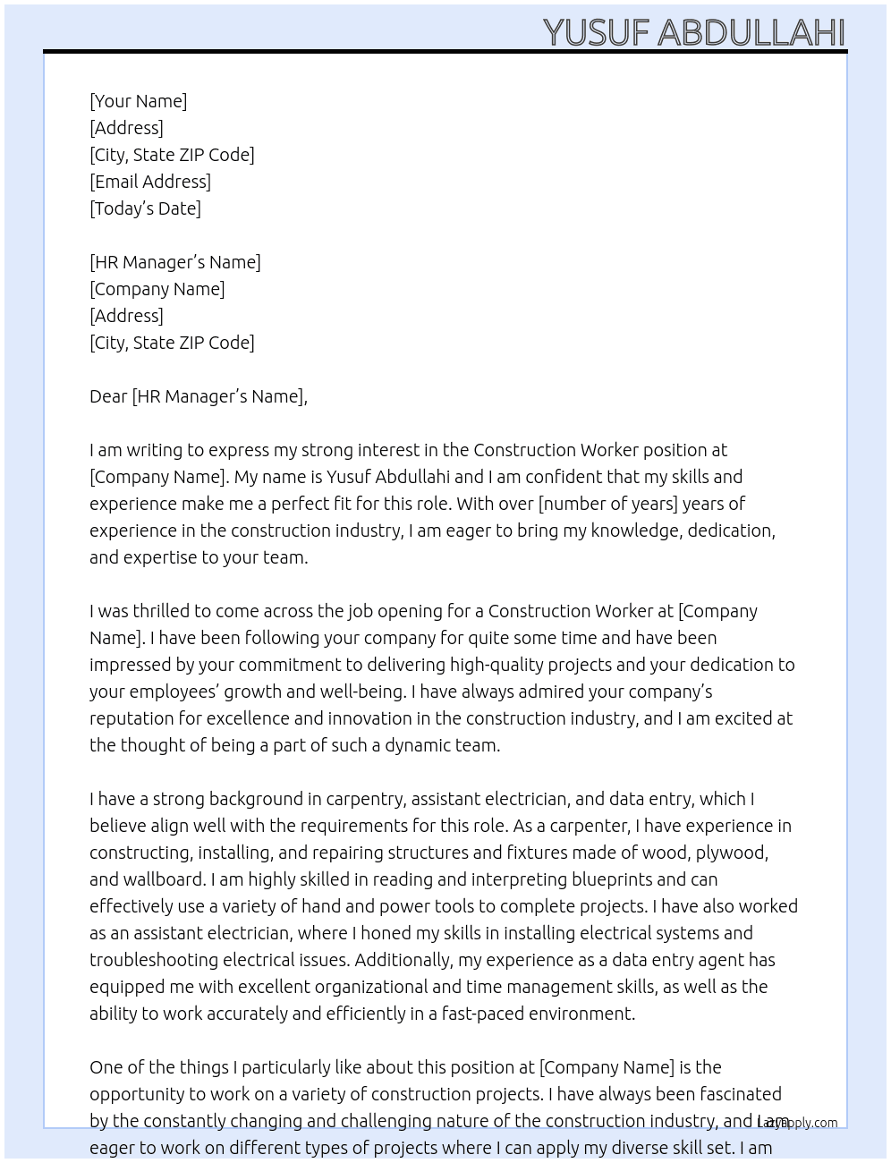 Construction worker At Construction worker job Cover Letter