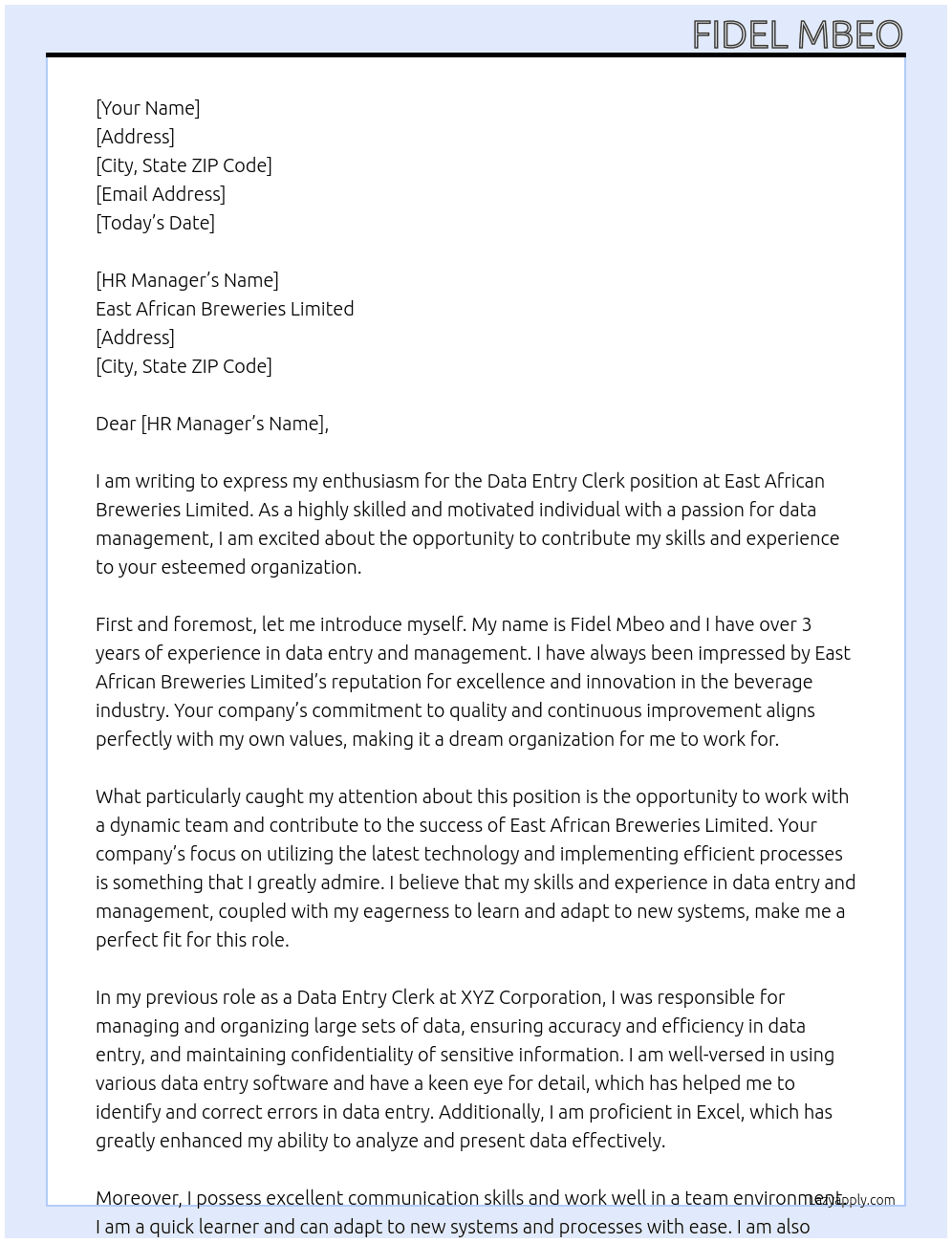Data Entry Clerk At East African Breweries Limited Cover Letter
