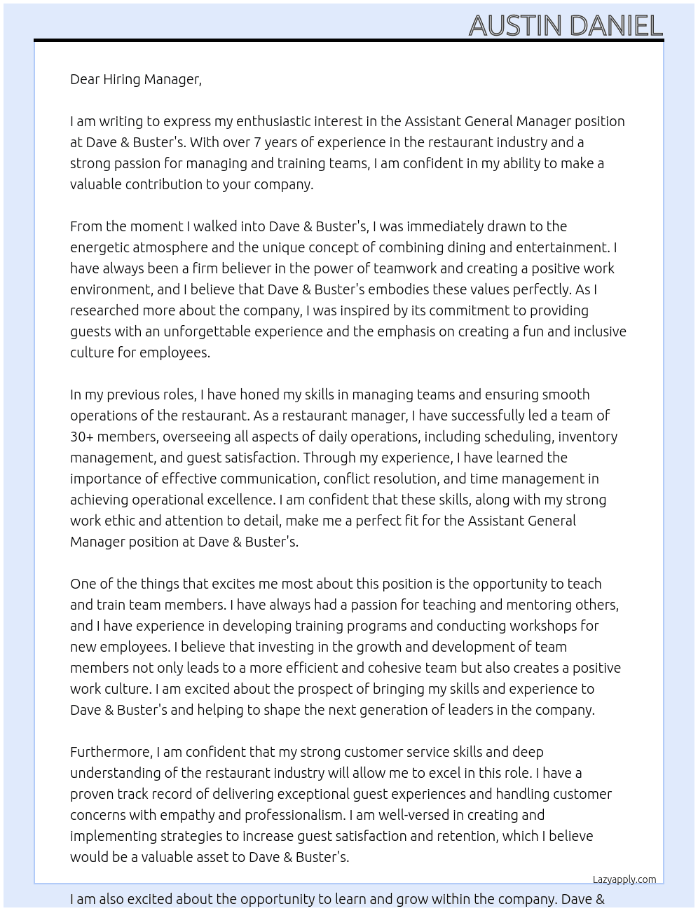 Assistant General Manager At Dave & Buster's Cover Letter