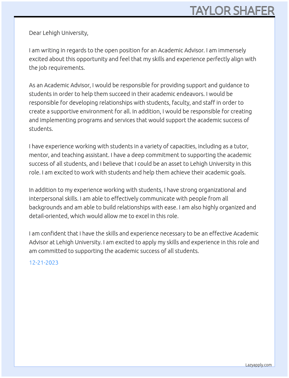 Academic Advisor At Lehigh University Cover Letter