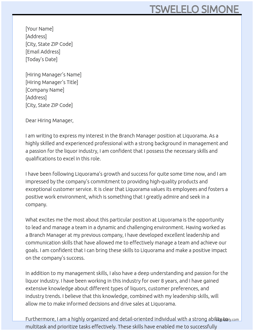 Branch manager  At Liquorama Cover Letter
