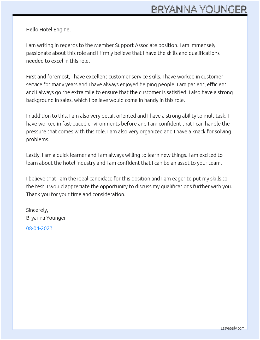 Member support associate  At Hotel Engine Cover Letter