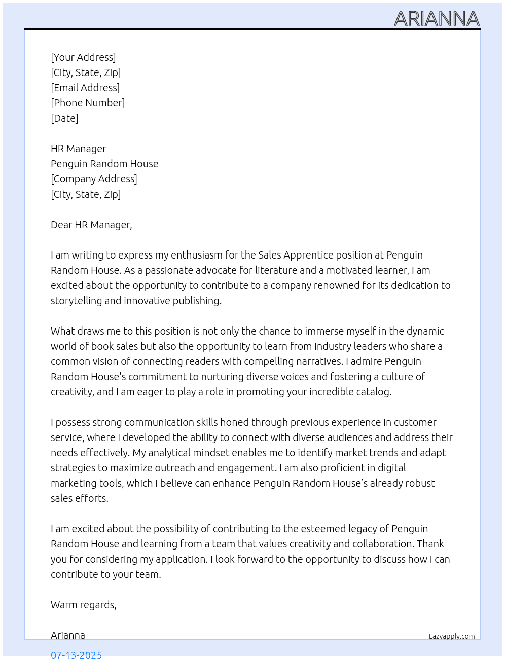 sales apprentice At penguin random house Cover Letter
