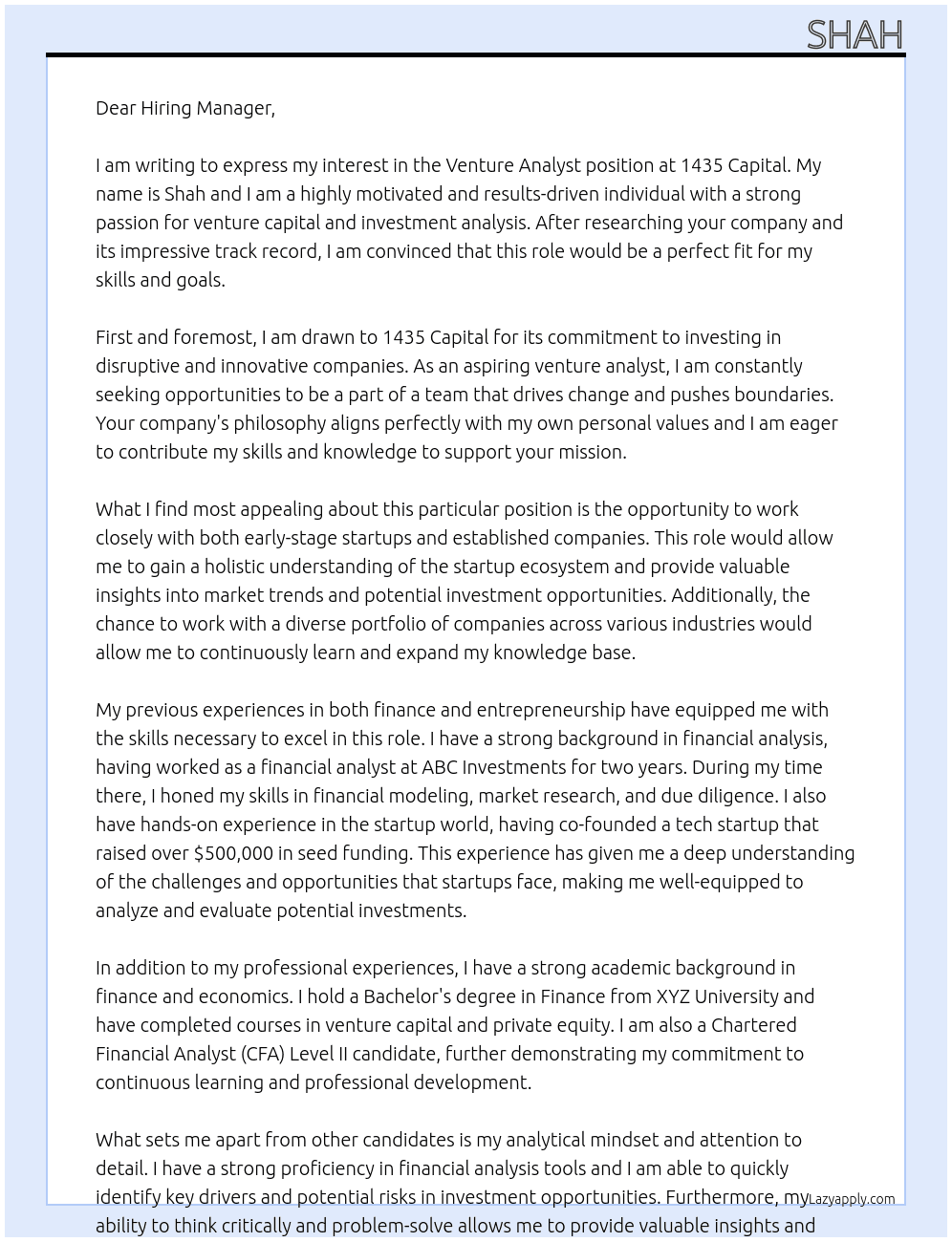Venture Analyst At 1435 Capital Cover Letter