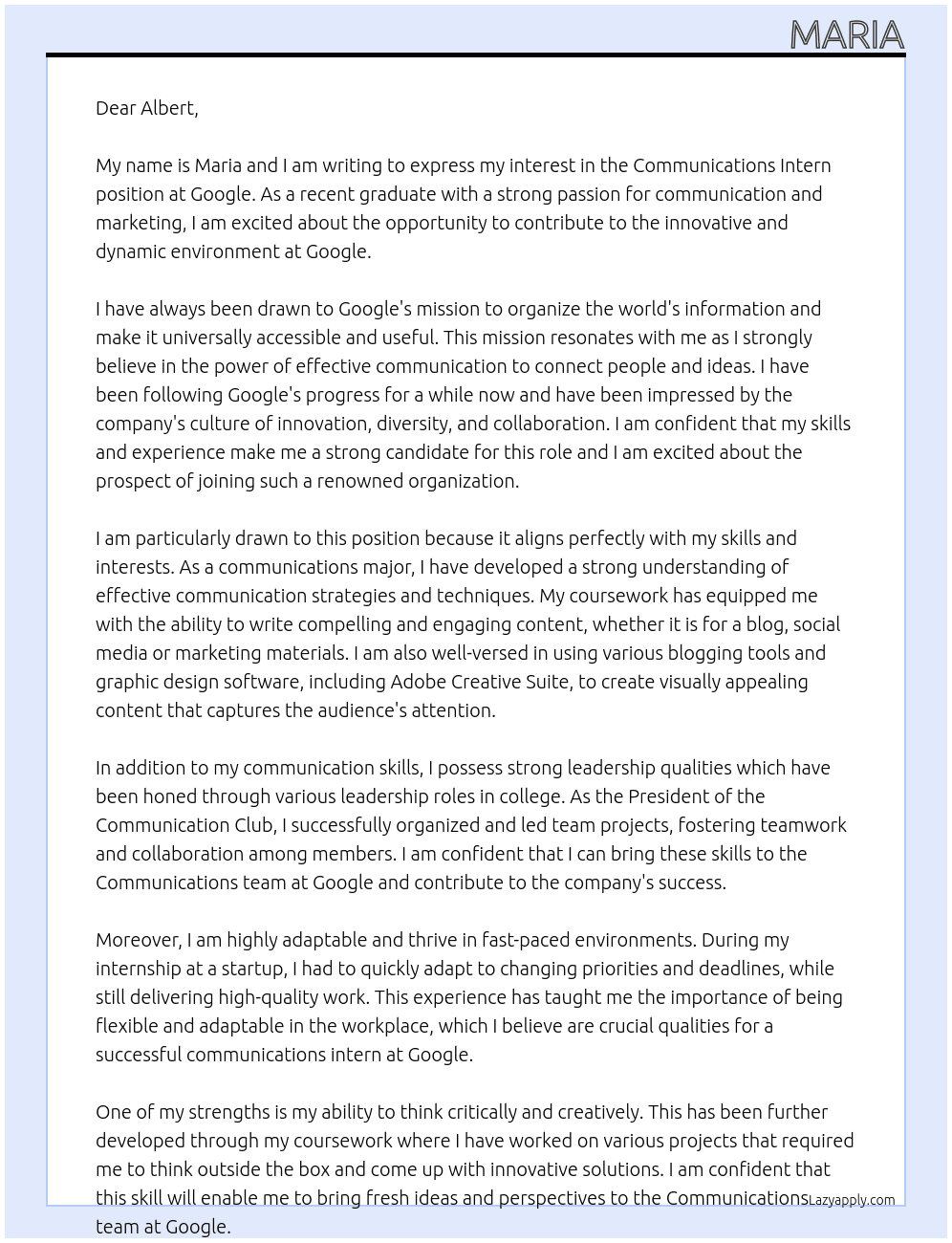 Communications Intern At Google Cover Letter