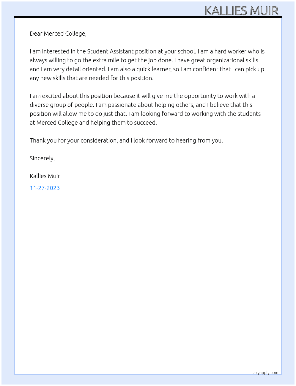 Student Assistant  At Merced College Cover Letter