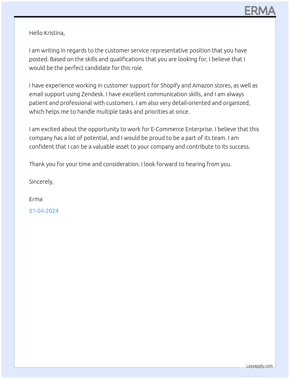 customer service representative At E-Commerce Enterprise Cover Letter