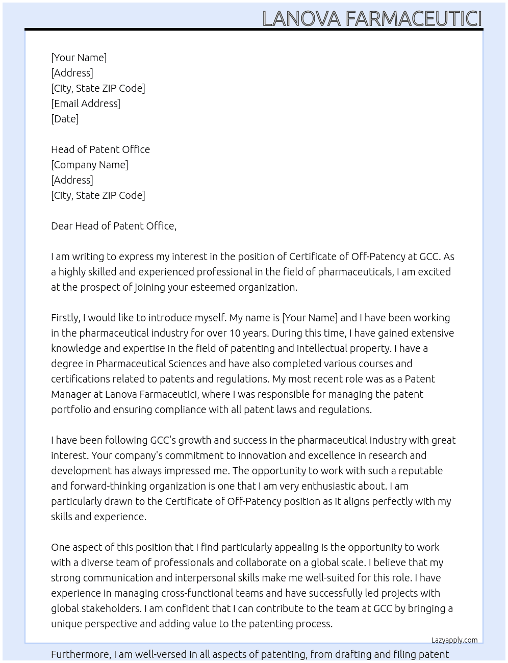 Certificate of Off-Patency At GCC Cover Letter