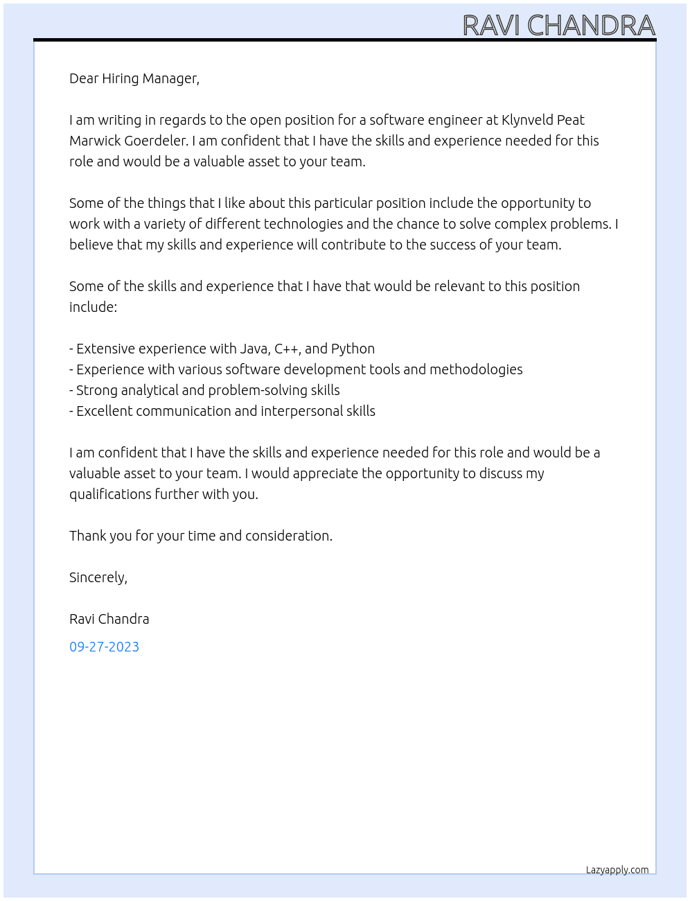 Software Engineering At Klynveld Peat Marwick Goerdeler Cover Letter