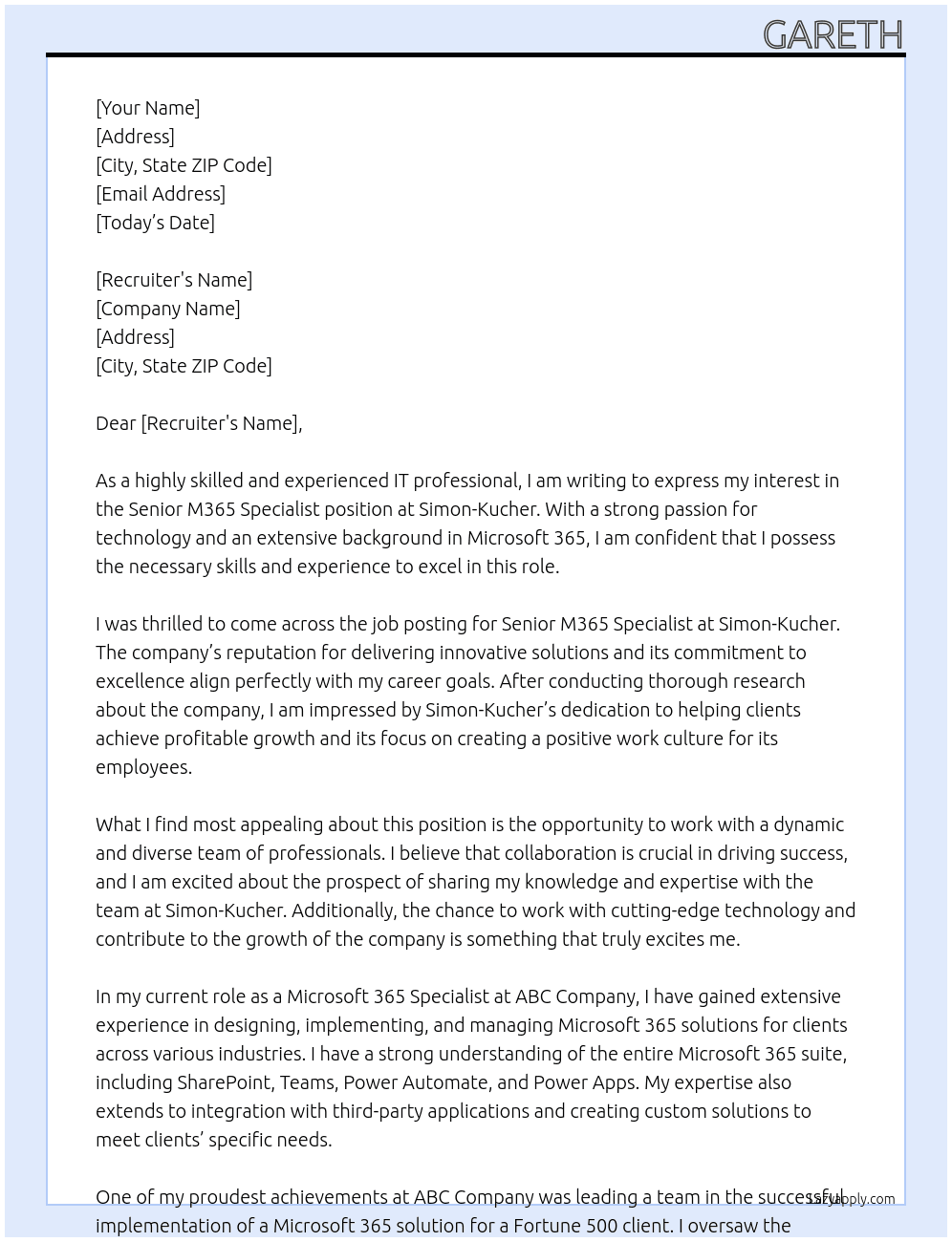 Senior M365 Specialist At Simon-Kucher Cover Letter