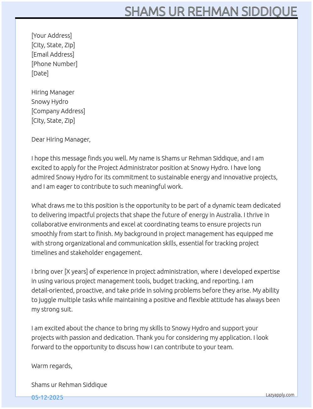 Project administrator At Snowy hydro Cover Letter