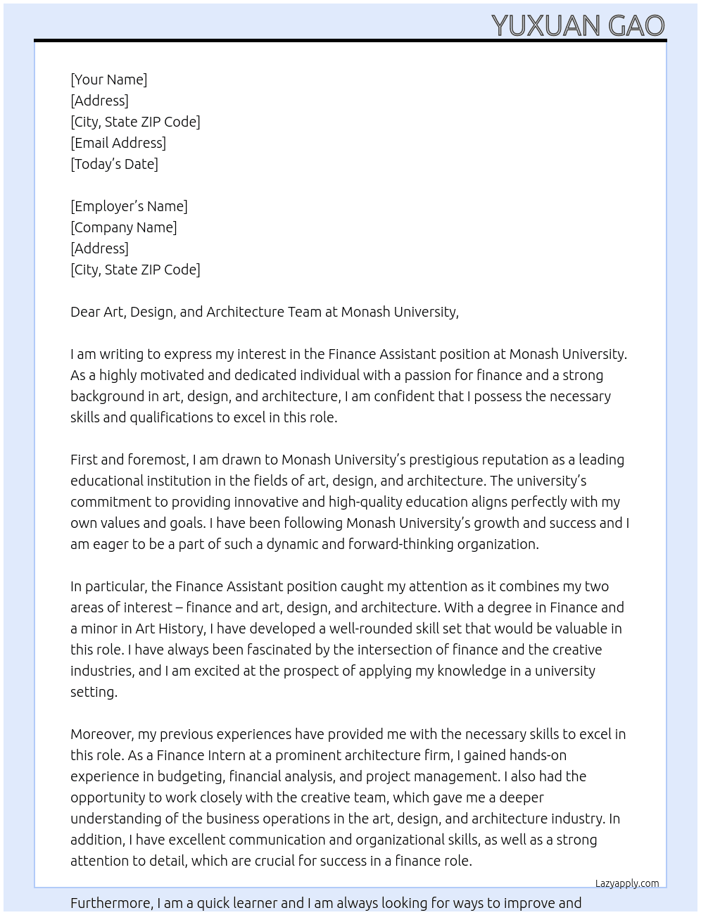 finance asistant At Monash University Cover Letter