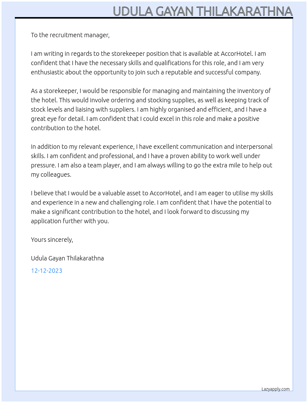storekeeper At AccorHotel Cover Letter