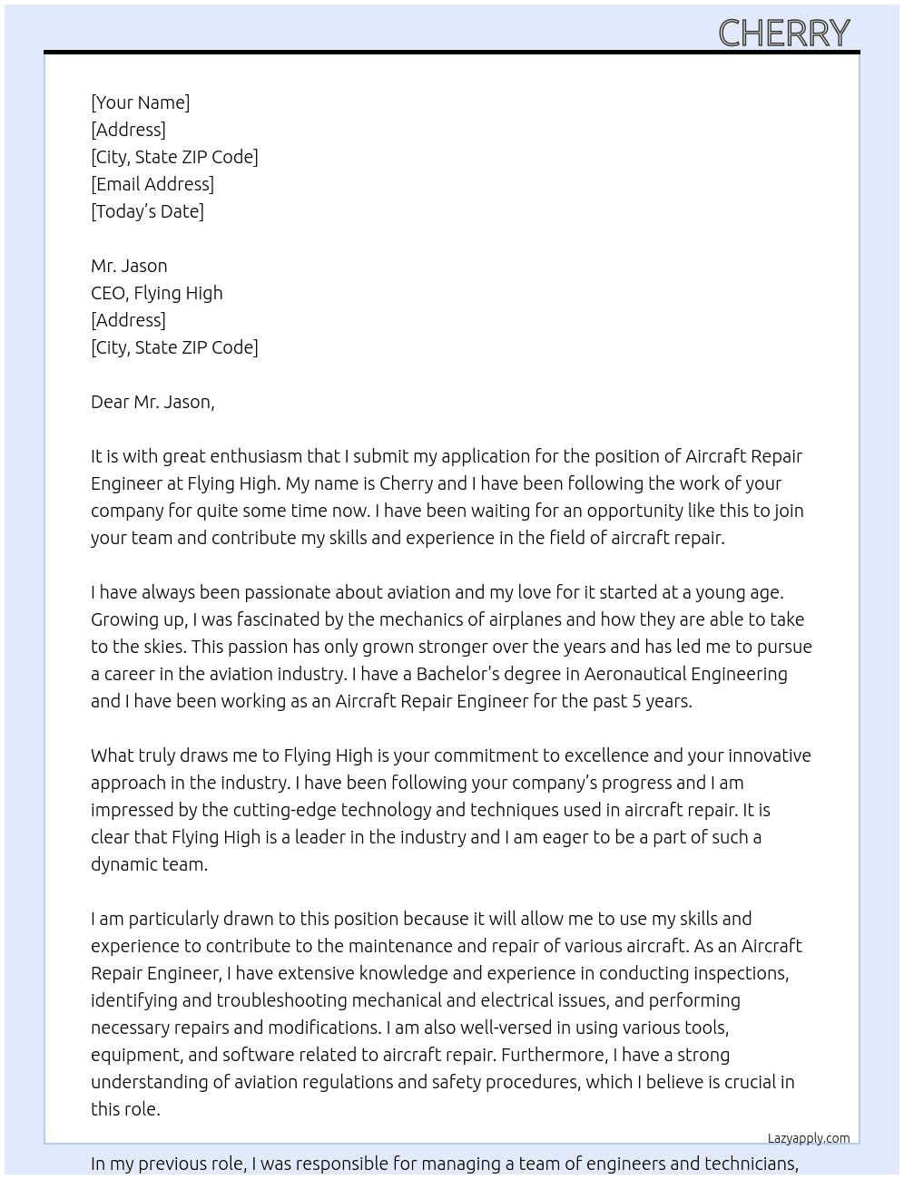 Aircraft repair engineer  At Flying high  Cover Letter