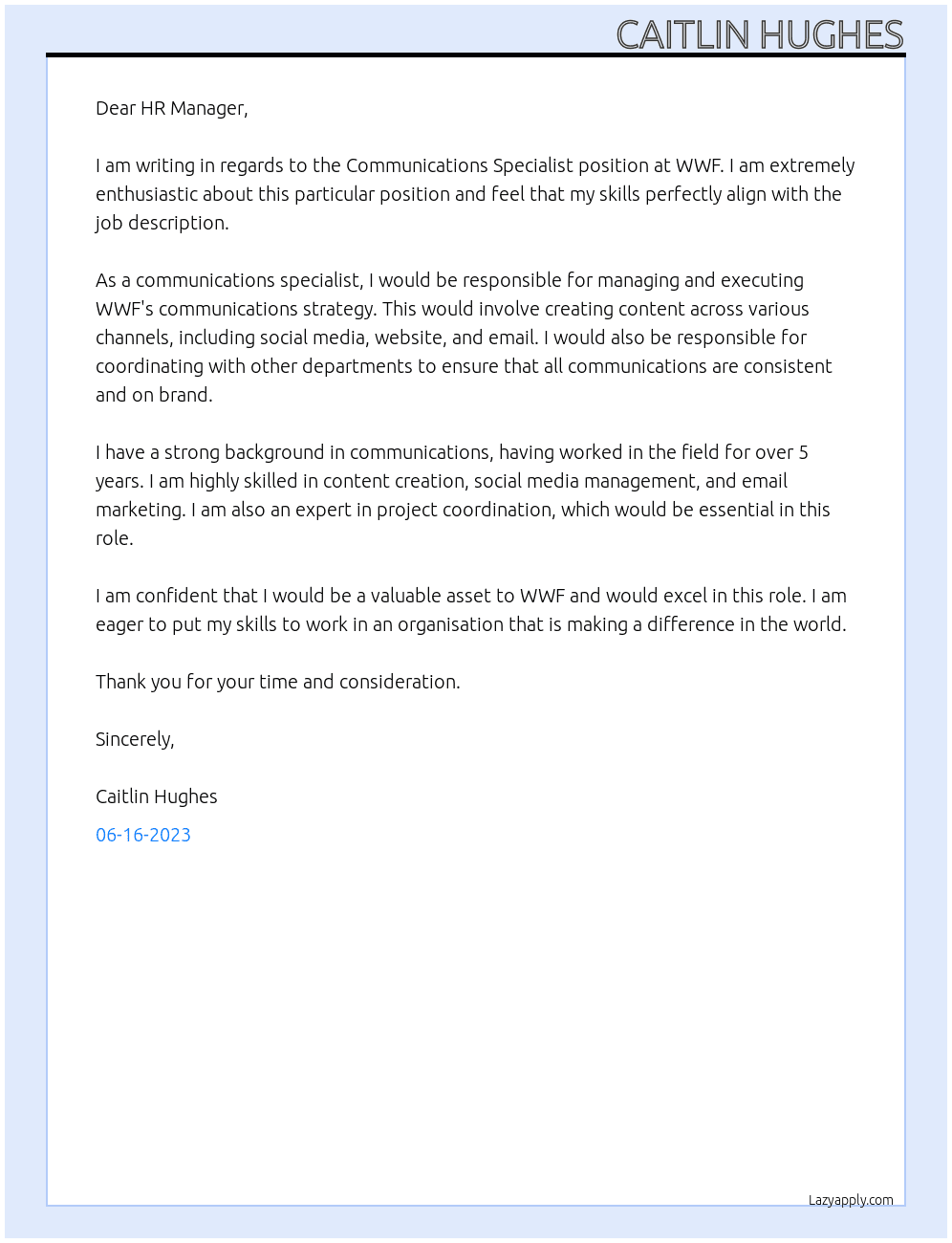 Communications Specialist At WWF Cover Letter