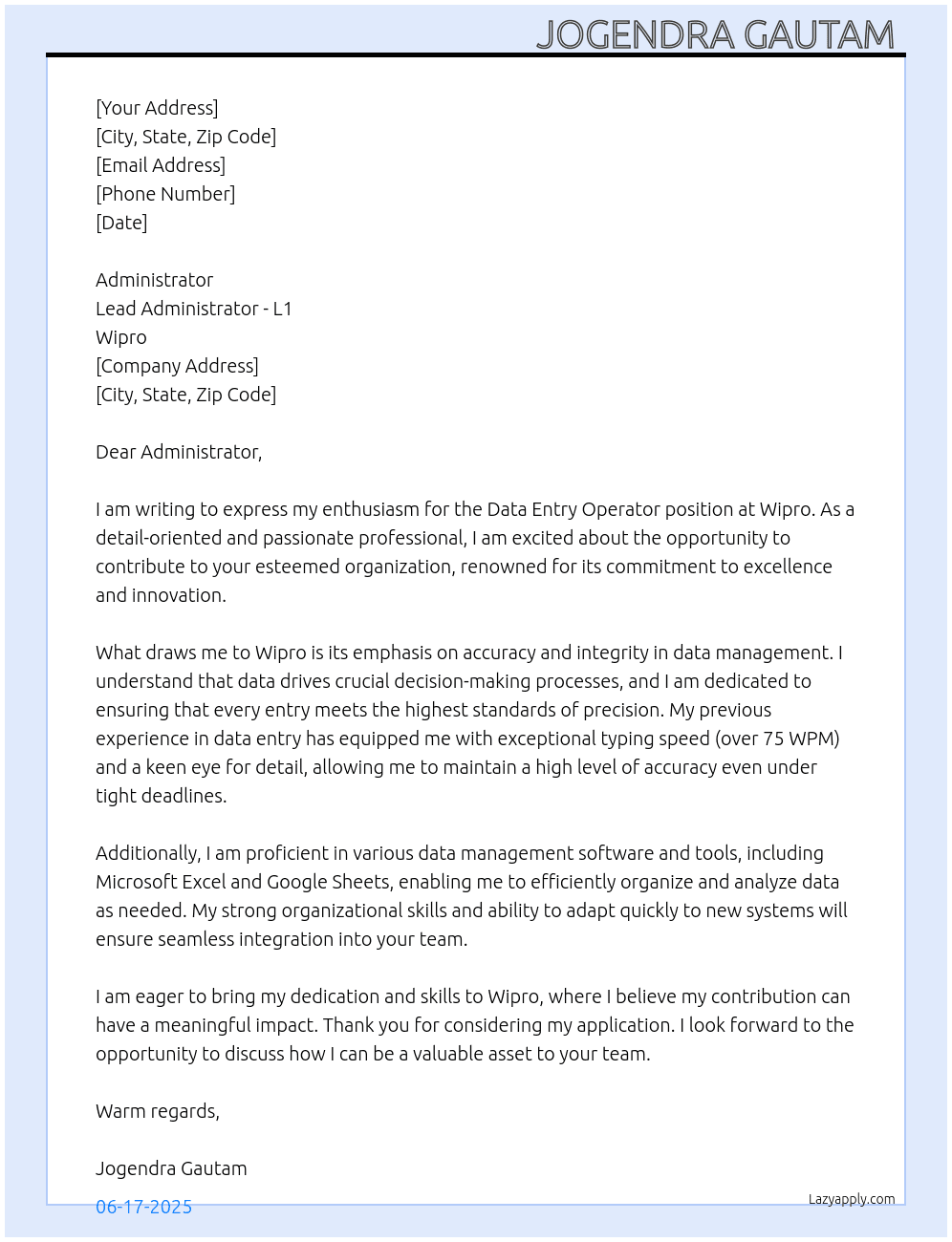 Data Entry operator  At Wipro  Cover Letter
