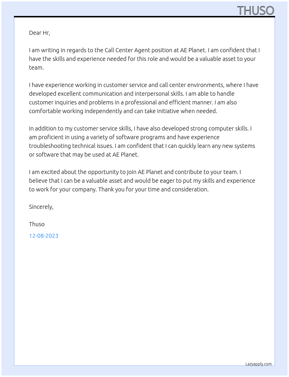 Call Center Agent At AE Planet Cover Letter
