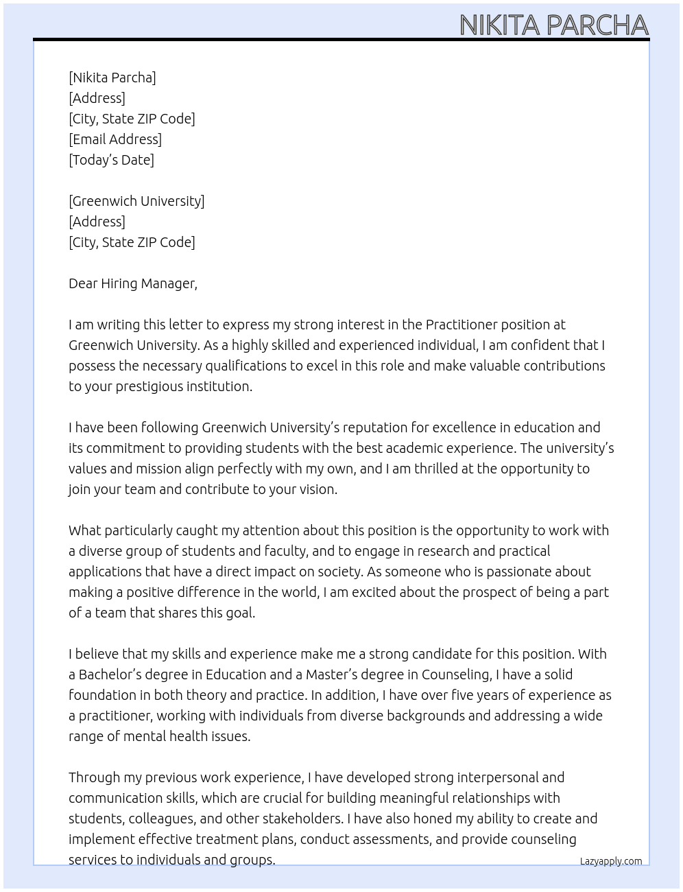 Practitioner  At Greenwich University  Cover Letter