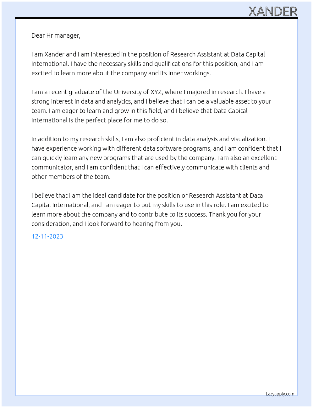 Research Assistant  At Data Capital International  Cover Letter