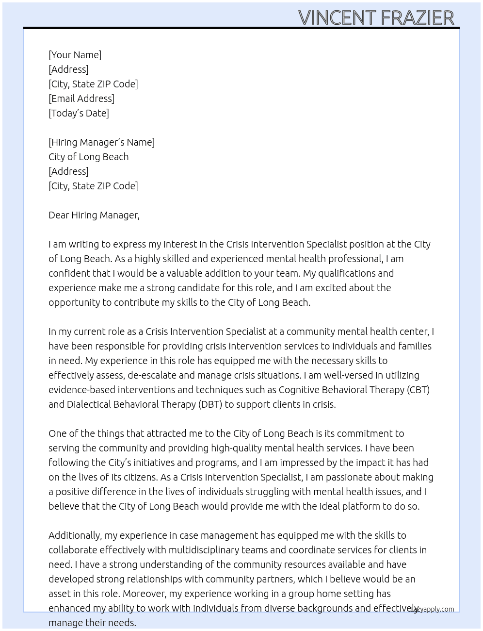 Crisis Intervention Specialist At City of Long Beach Cover Letter