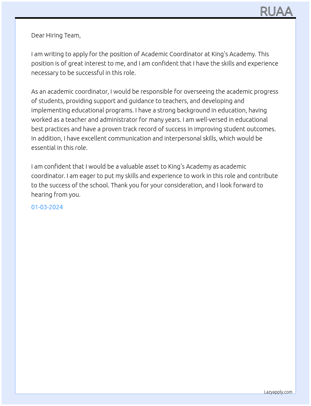 Academic  Coordinator At King's Academy  Cover Letter