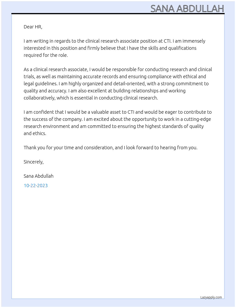 Clinical research associate  At CTI Cover Letter