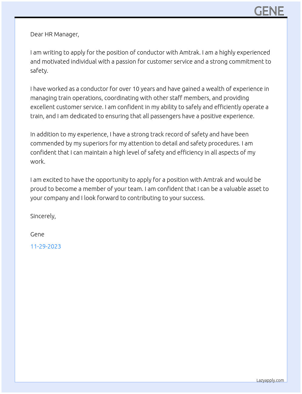 Conductor At Amtrak  Cover Letter