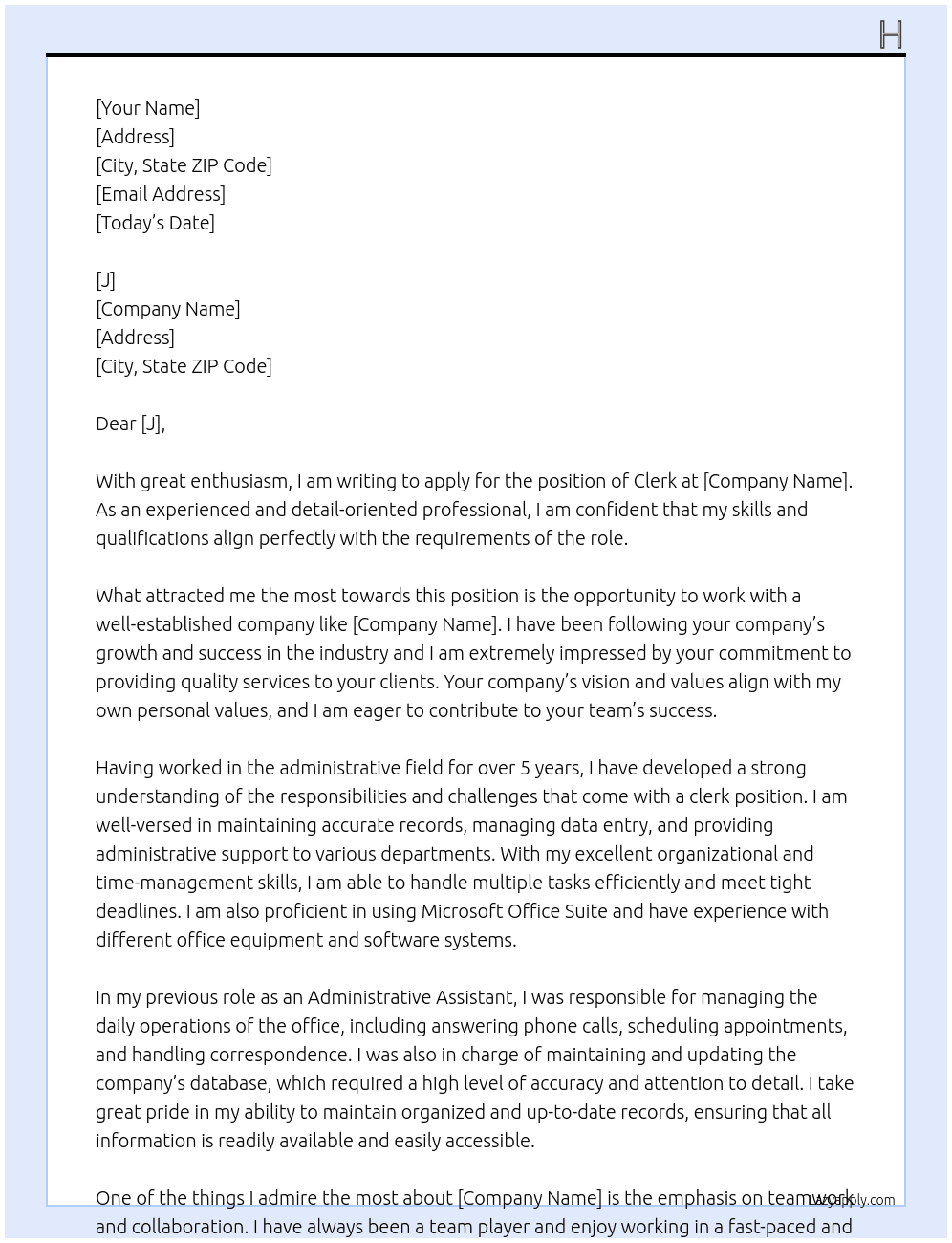 Clerk  At J Cover Letter