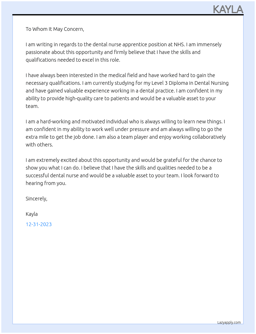 Dental nurse At Nhs Cover Letter