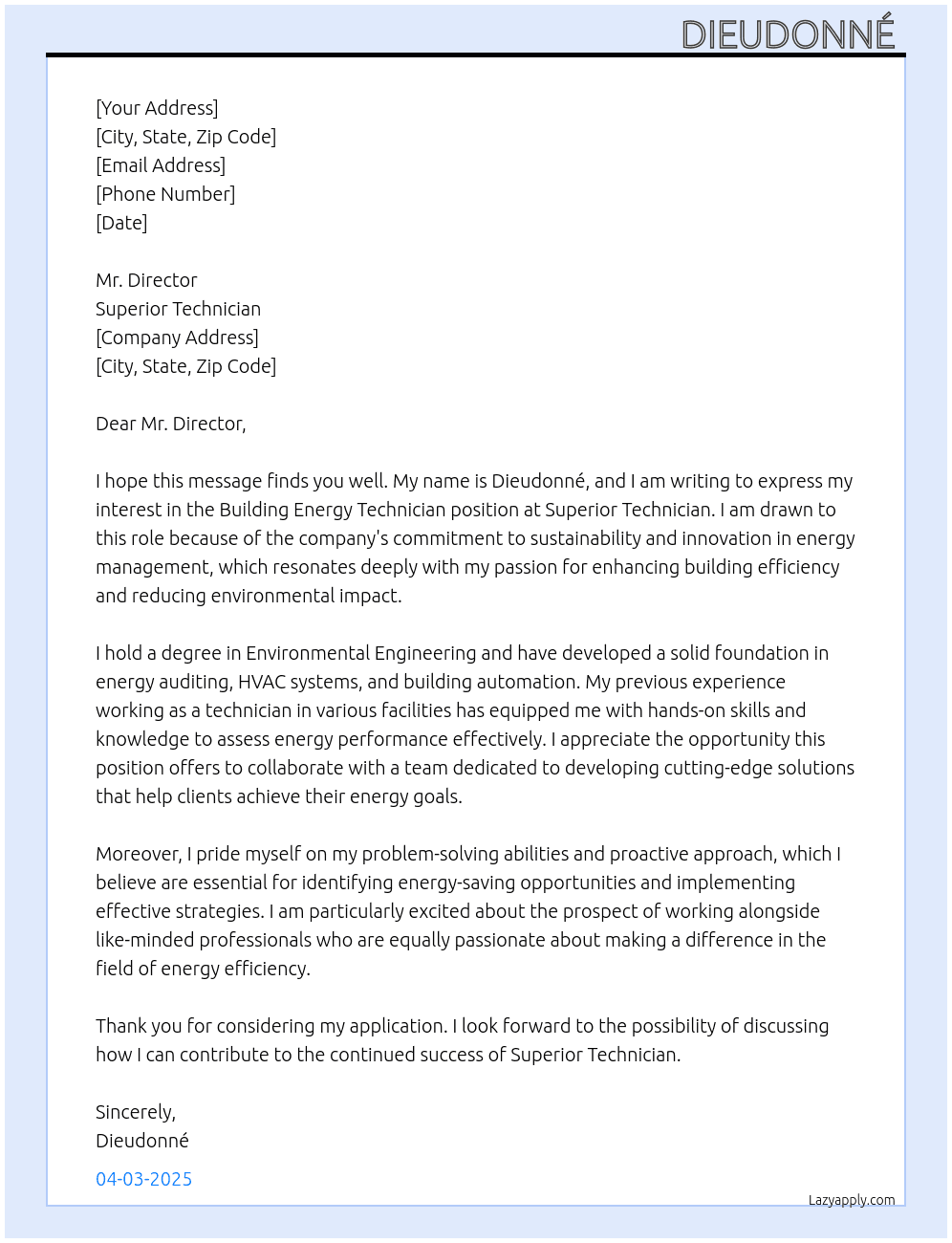 Building energy technician  At Superior technician  Cover Letter