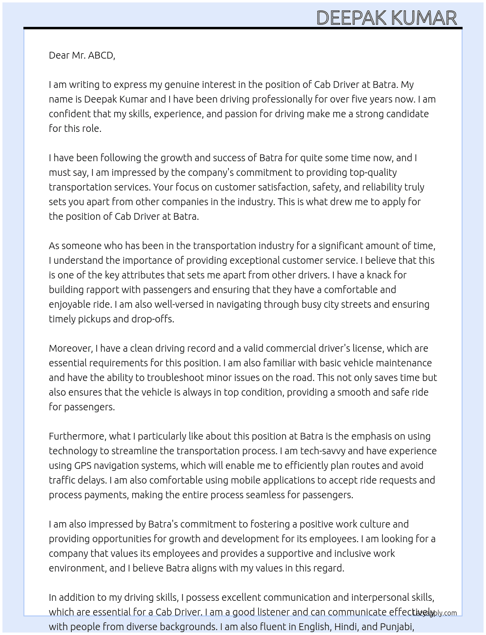 cab driver  At batra Cover Letter