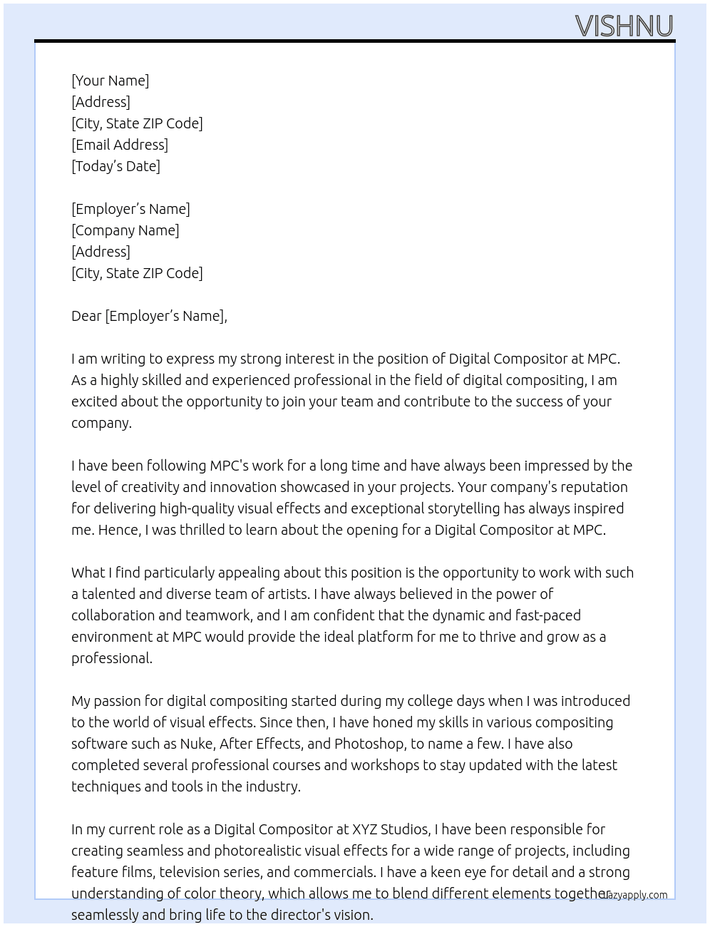 digital compositor At MPC Cover Letter