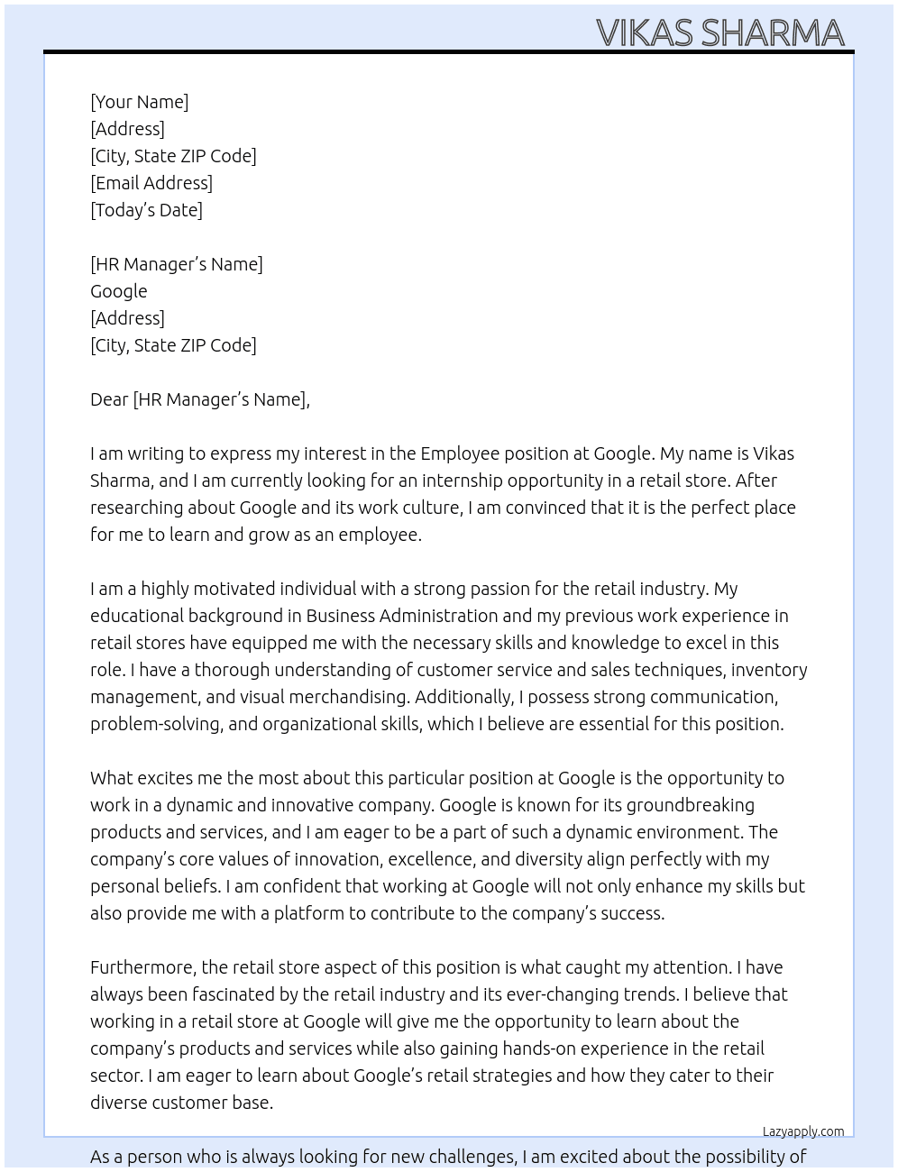 Employee  At Google  Cover Letter