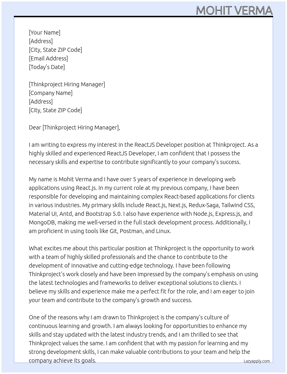 ReactJS Developer At Thinkproject Cover Letter