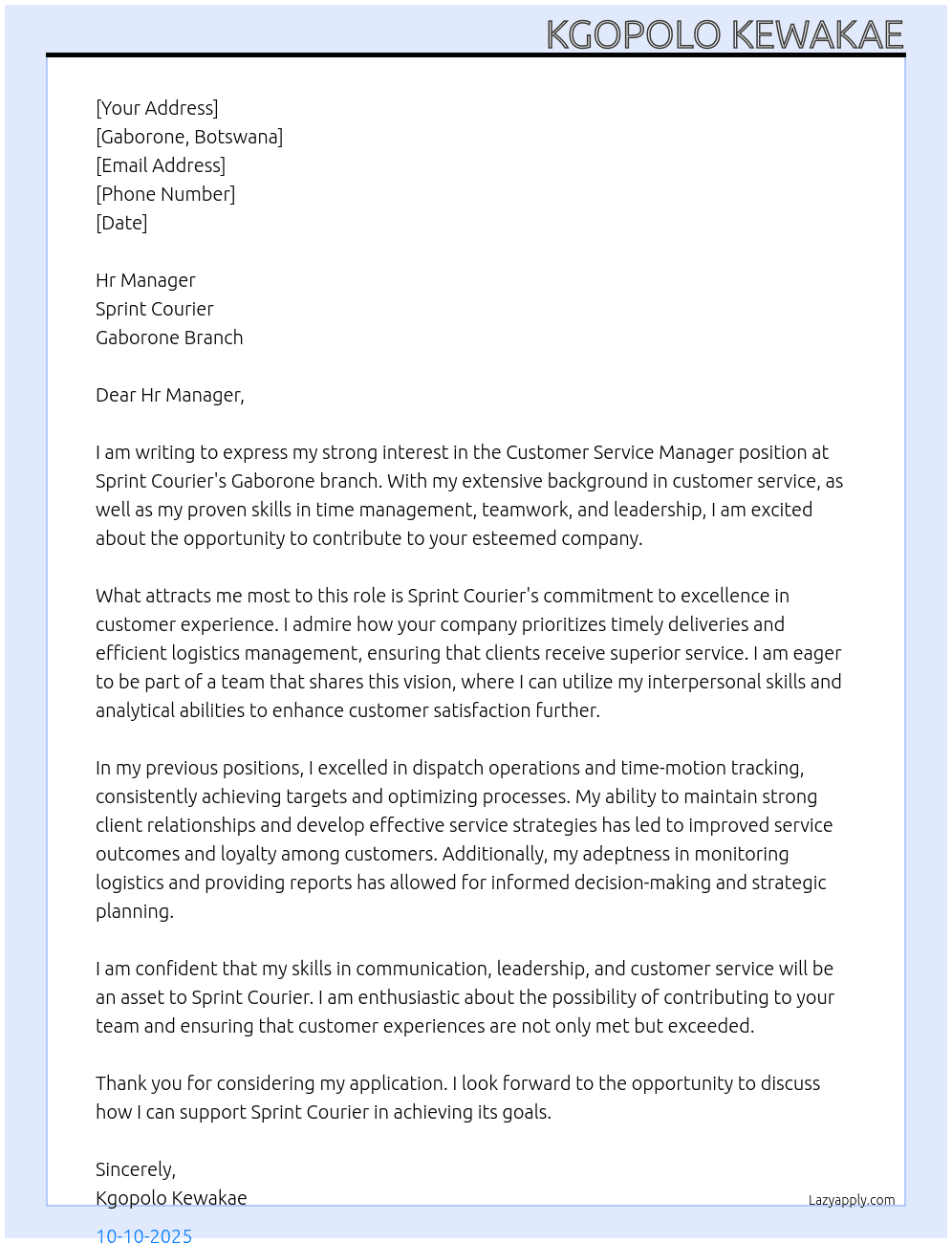 Customer Service Manager At Sprint Courier - Gaborone Branch Cover Letter