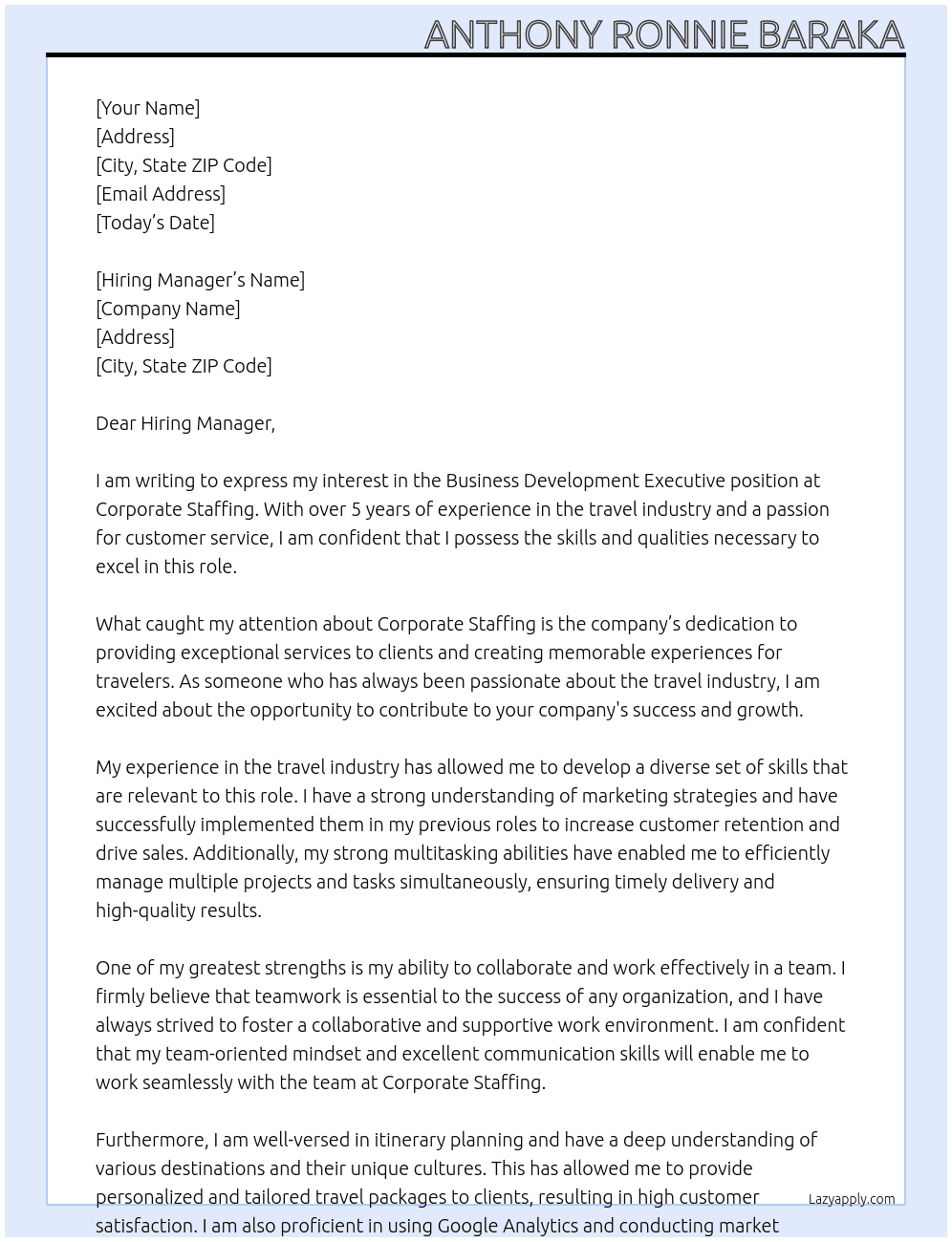 Business Development Executives At Corporate Staffing Cover Letter