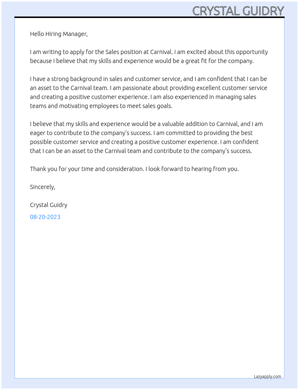 Sales At Carnival Cover Letter