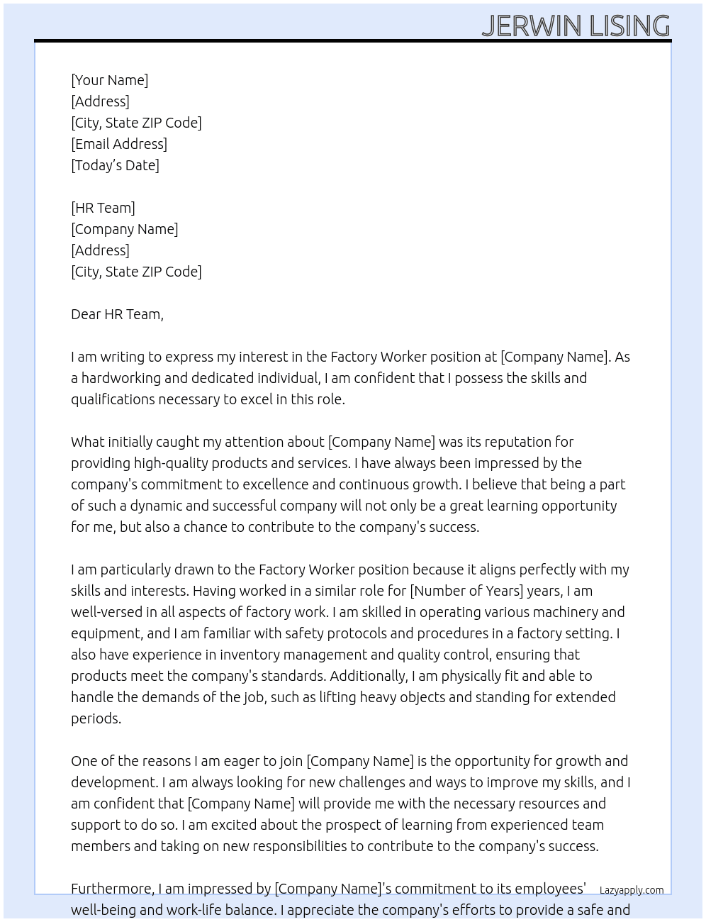 Factory worker  At Factory worker Cover Letter