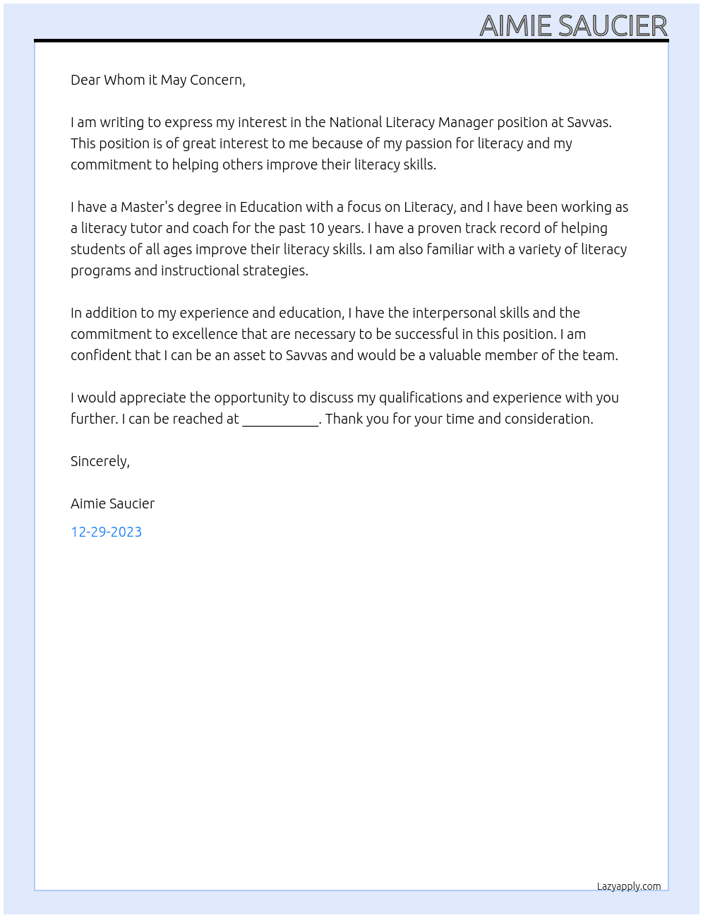 National Literacy Manager At Savvas Cover Letter