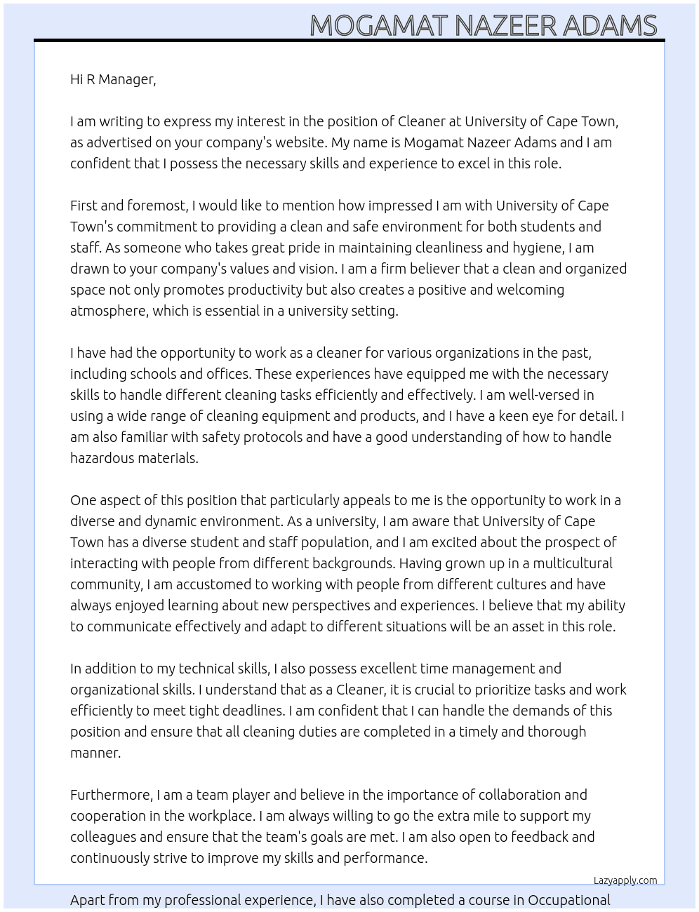Cleaner At University of Cape Town  Cover Letter