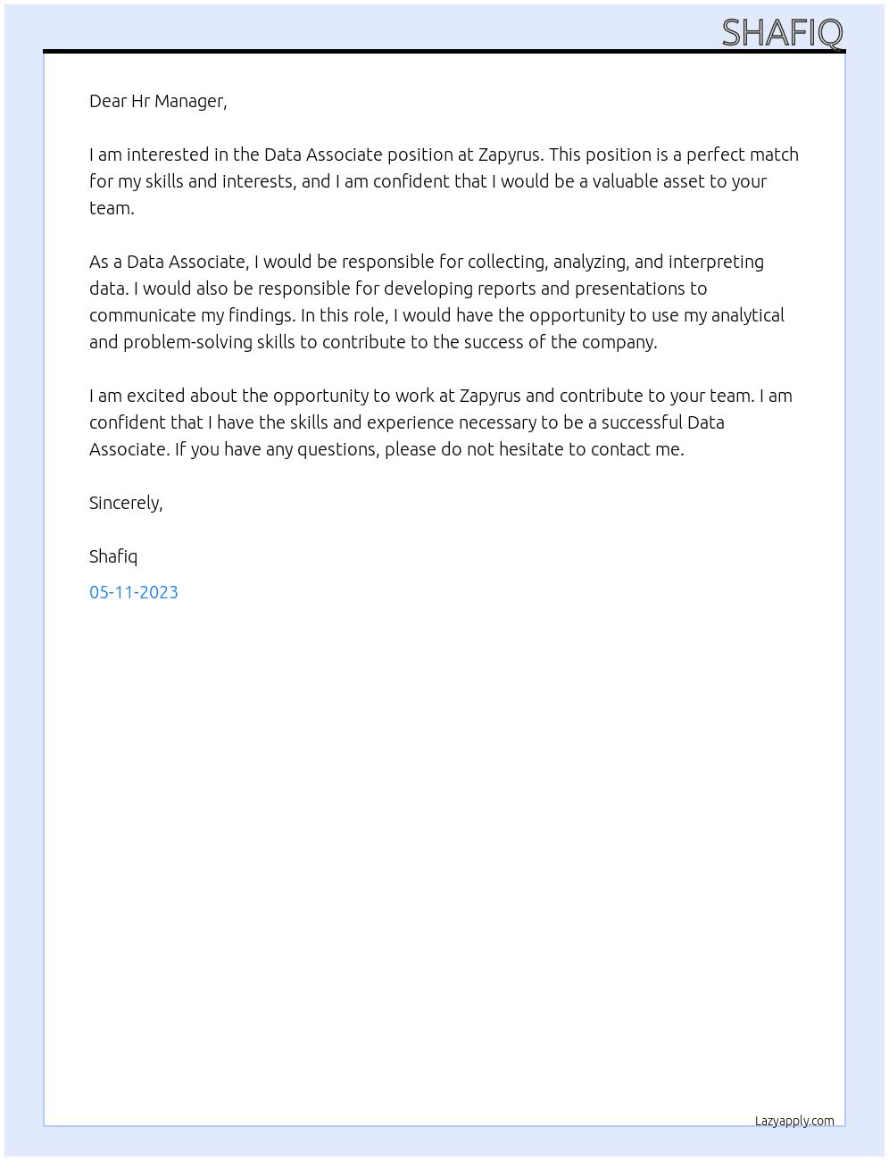 Data Associate At Zapyrus Cover Letter