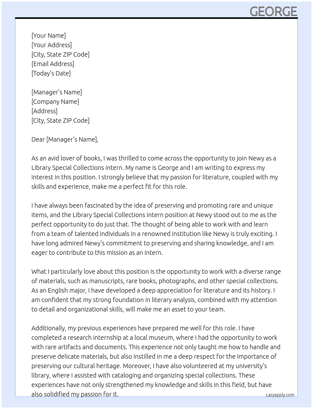 Libary Special Collections intern At newy Cover Letter